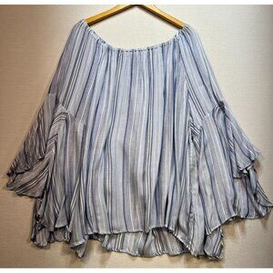 Fever Women's Peasant Blouse Flutter Sleeve Sz 3X Blue White Stripe Stretch